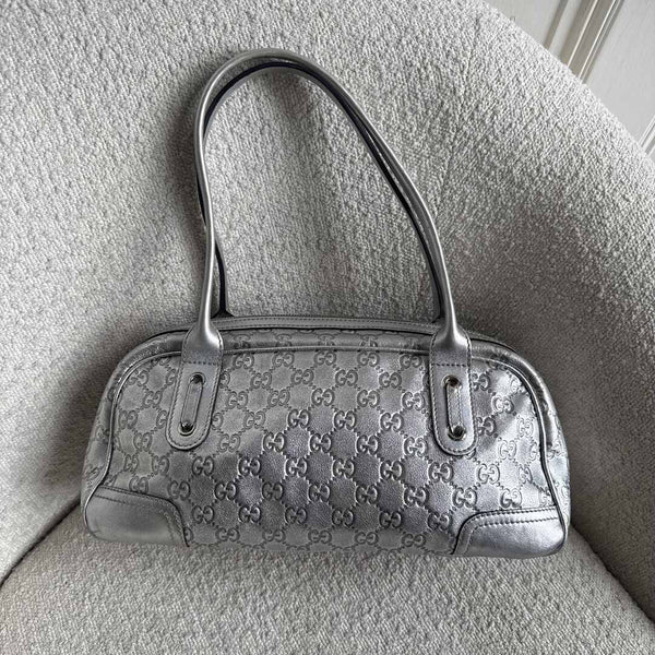 Gucci Guccissima Princy Metallic Silver Leather Shoulder Bag