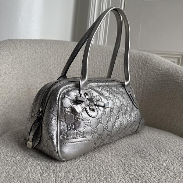 Gucci Guccissima Princy Metallic Silver Leather Shoulder Bag