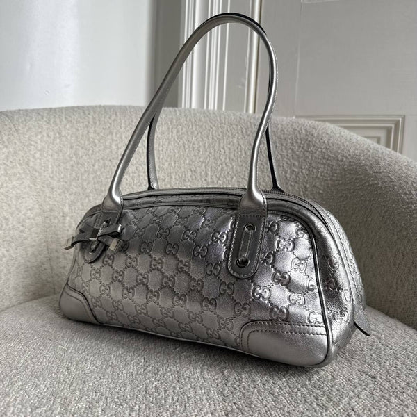 Gucci Guccissima Princy Metallic Silver Leather Shoulder Bag