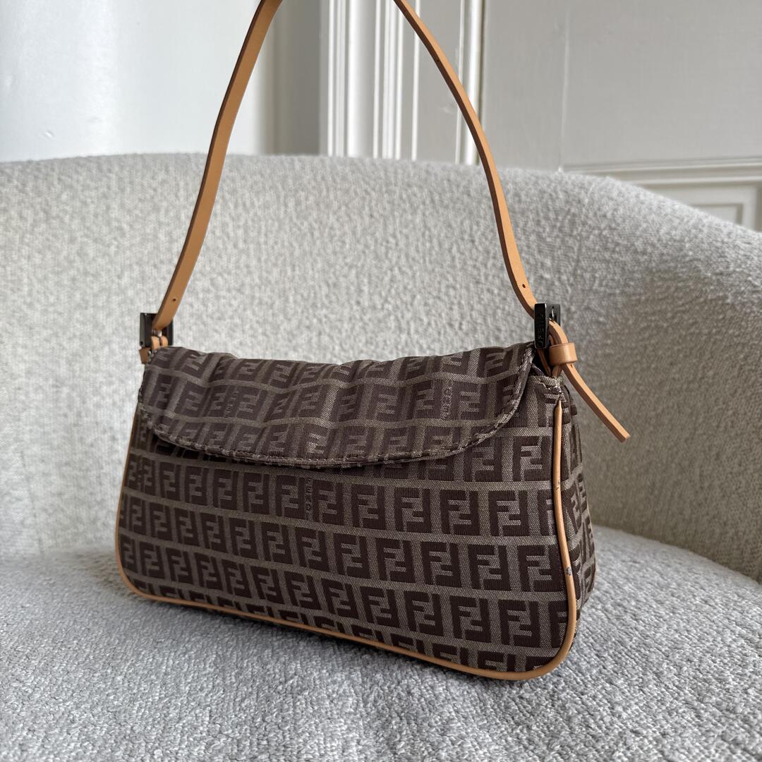 Fendi Zucchino Flap Beige Shoulder Bag