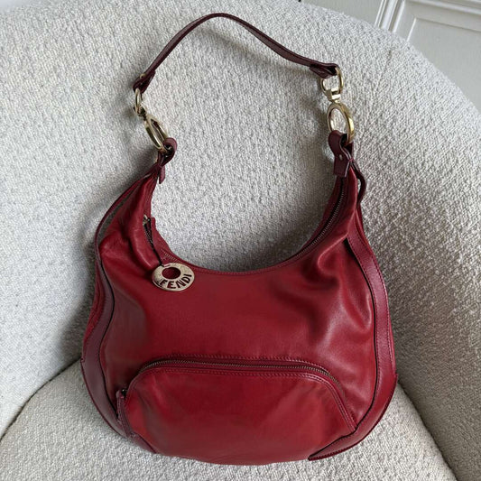 Fendi Charm Hobo Red Leather Shoulder Bag