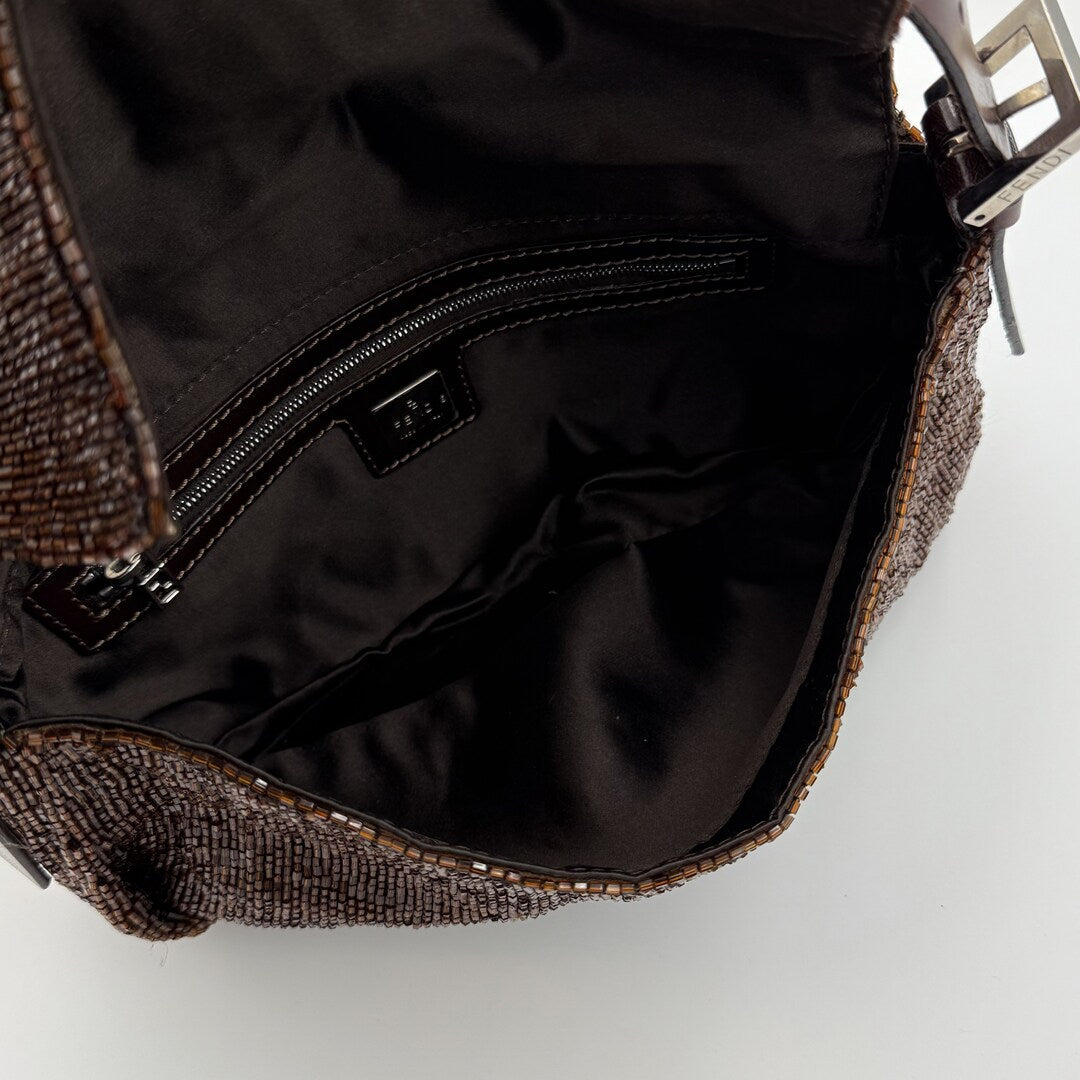 Fendi Sequin Beaded Brown Baguette Shoulder Bag