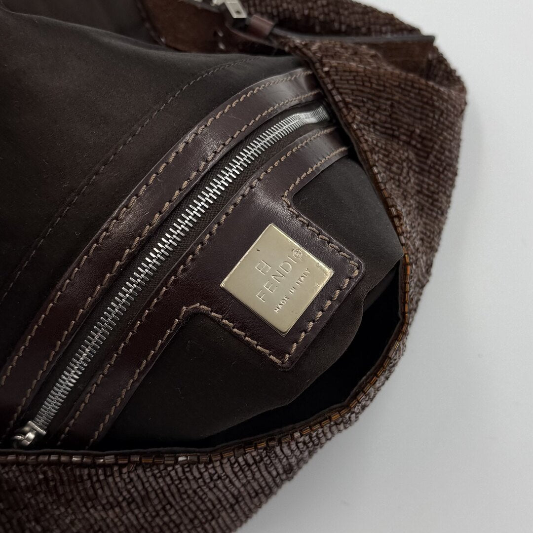 Fendi Sequin Beaded Brown Baguette Shoulder Bag