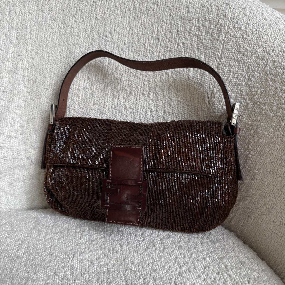 Fendi Sequin Beaded Brown Baguette Shoulder Bag