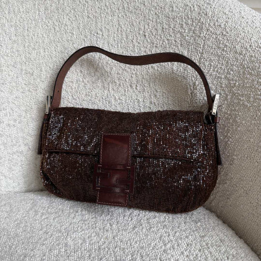 Fendi Sequin Beaded Brown Baguette Shoulder Bag