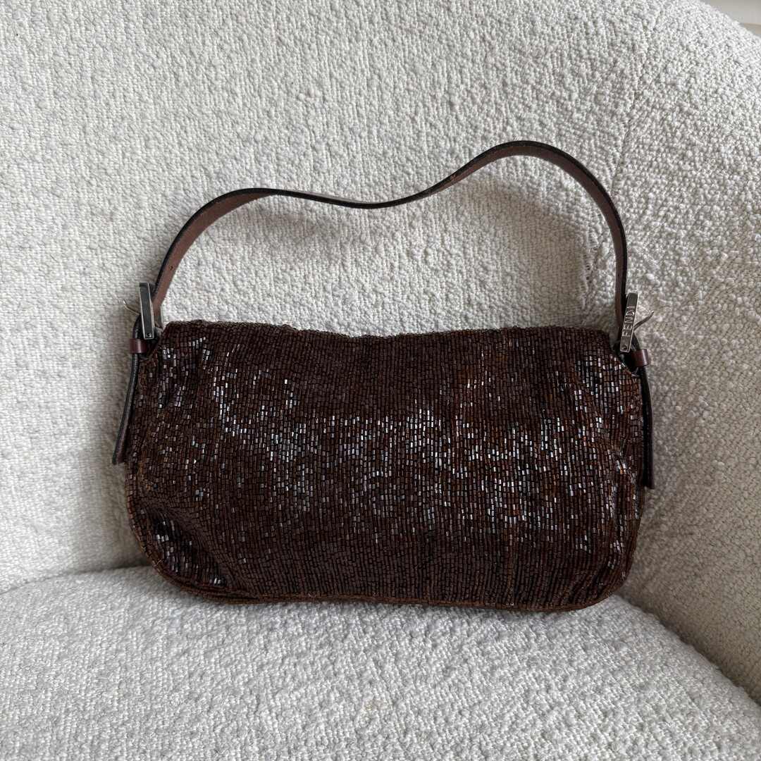 Fendi Sequin Beaded Brown Baguette Shoulder Bag
