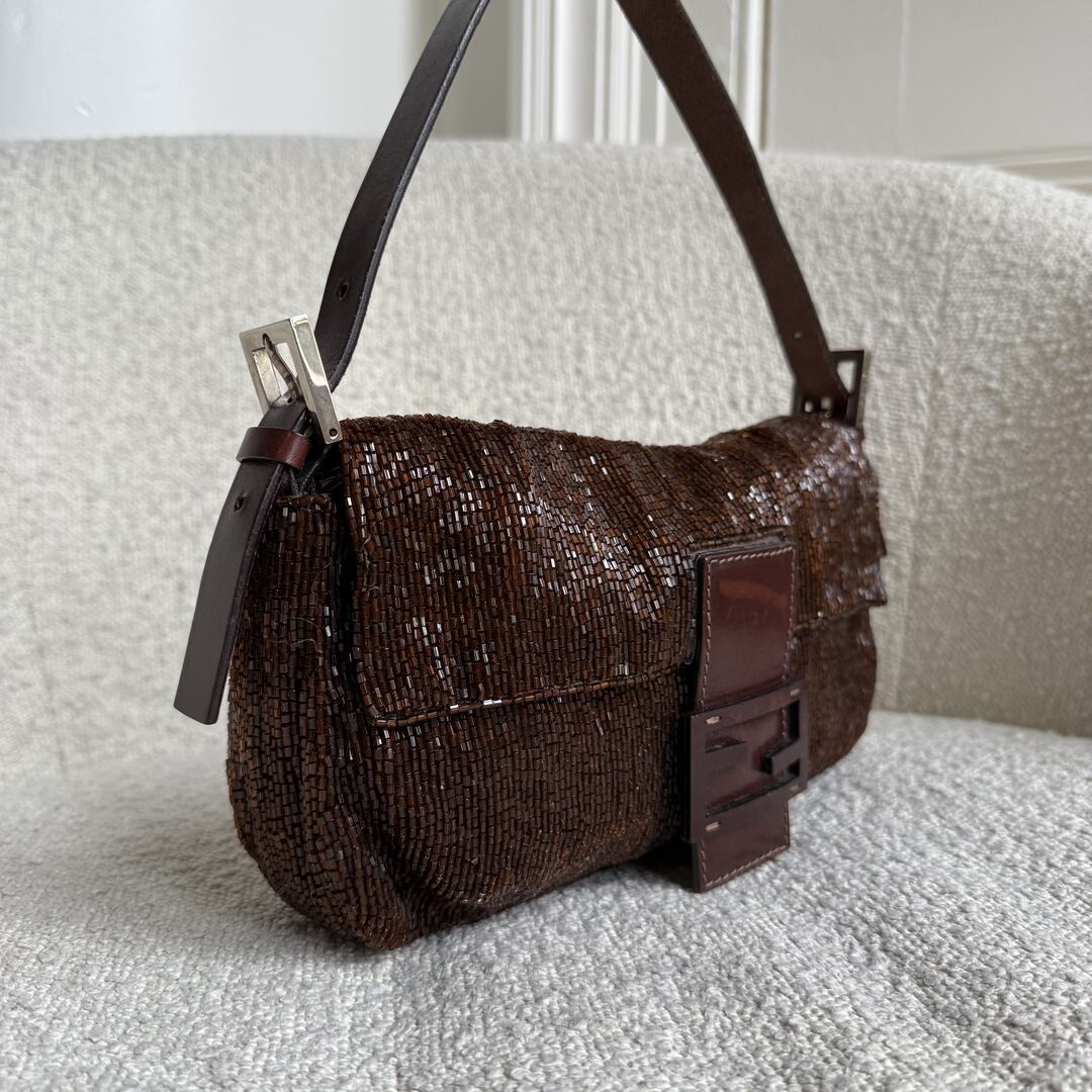 Fendi Sequin Beaded Brown Baguette Shoulder Bag