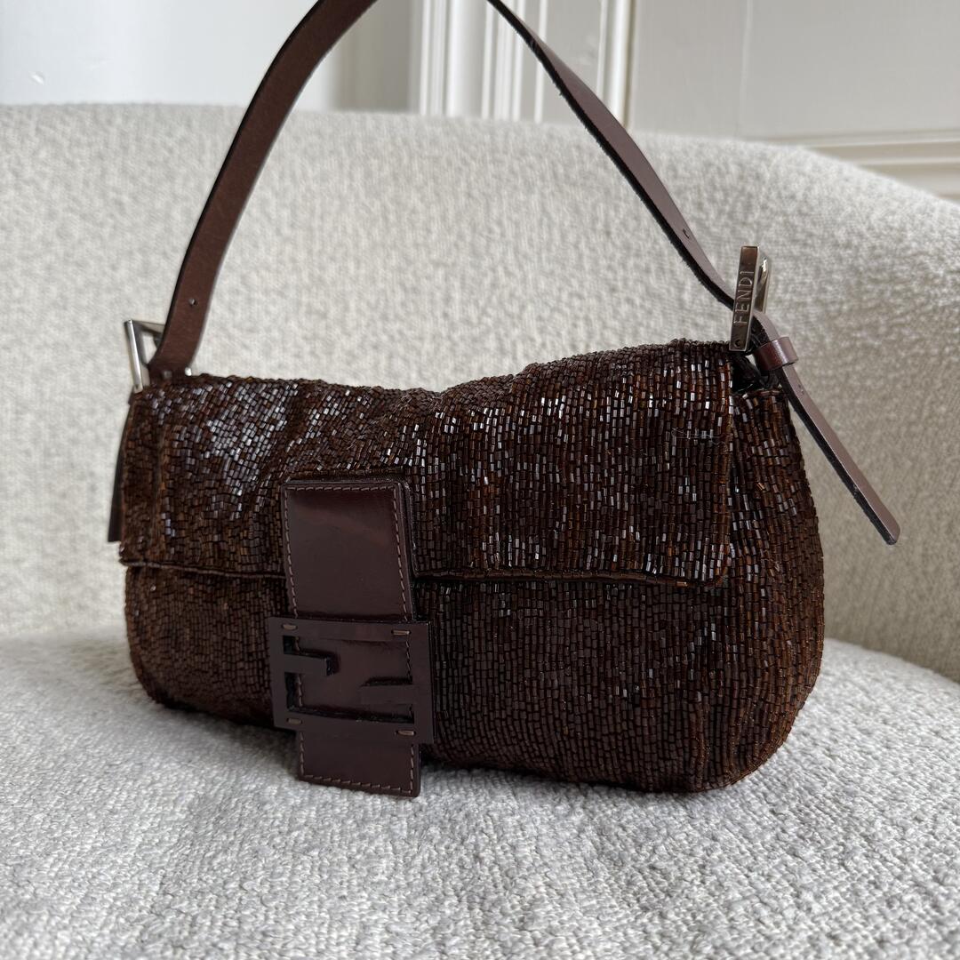 Fendi Sequin Beaded Brown Baguette Shoulder Bag