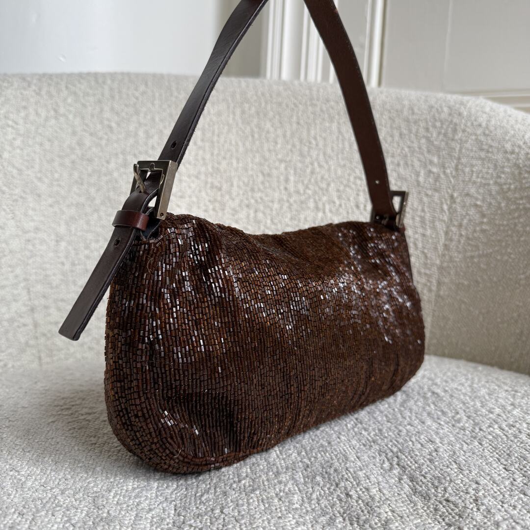 Fendi Sequin Beaded Brown Baguette Shoulder Bag
