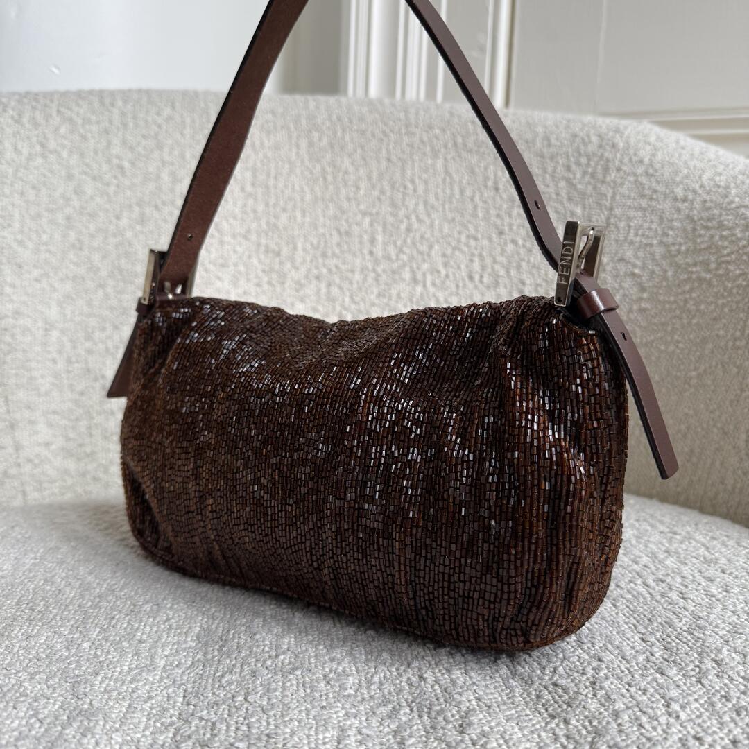 Fendi Sequin Beaded Brown Baguette Shoulder Bag