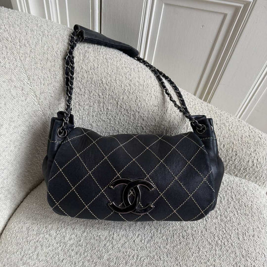 2004 Chanel CC Wild Stitch Surpique Chain Flap Black Shoulder Bag