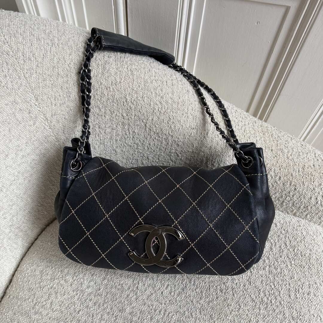 2004 Chanel CC Wild Stitch Surpique Chain Flap Black Shoulder Bag