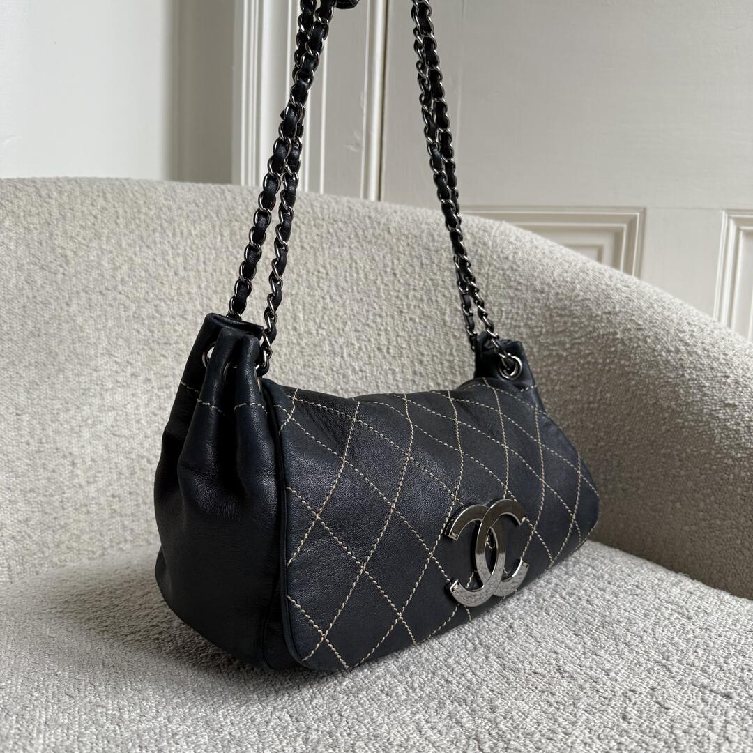 2004 Chanel CC Wild Stitch Surpique Chain Flap Black Shoulder Bag