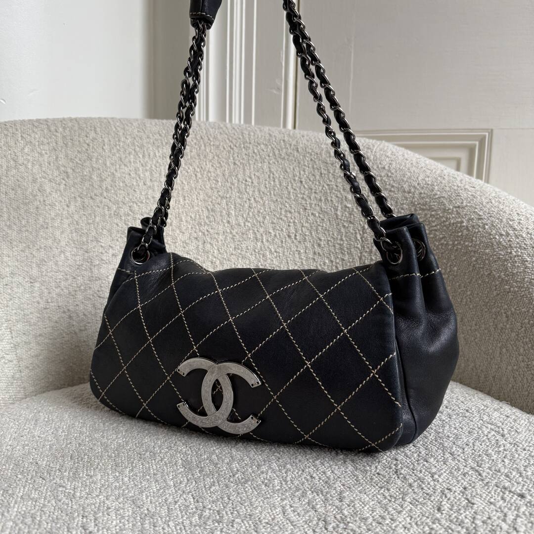 2004 Chanel CC Wild Stitch Surpique Chain Flap Black Shoulder Bag