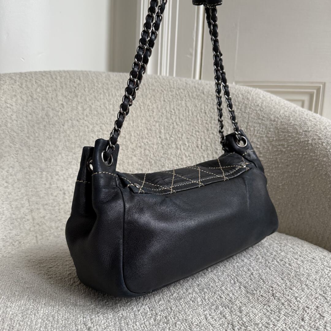 2004 Chanel CC Wild Stitch Surpique Chain Flap Black Shoulder Bag