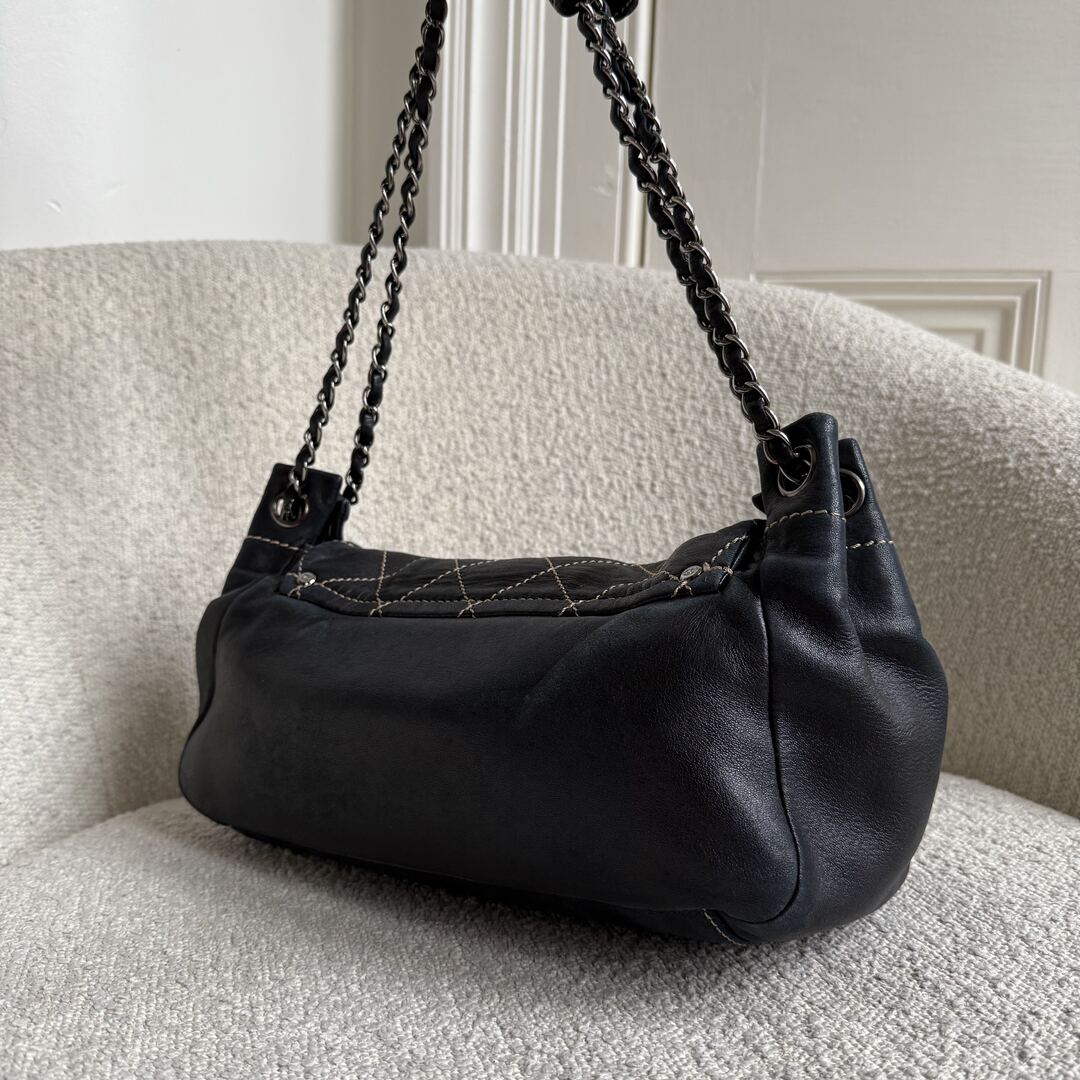 2004 Chanel CC Wild Stitch Surpique Chain Flap Black Shoulder Bag