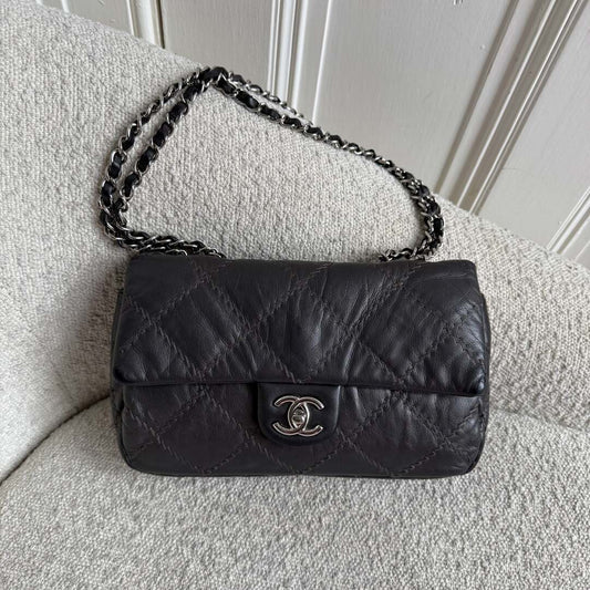 2011 Chanel Wild Stitch Metallic Grey Silver Chain Flap Bag