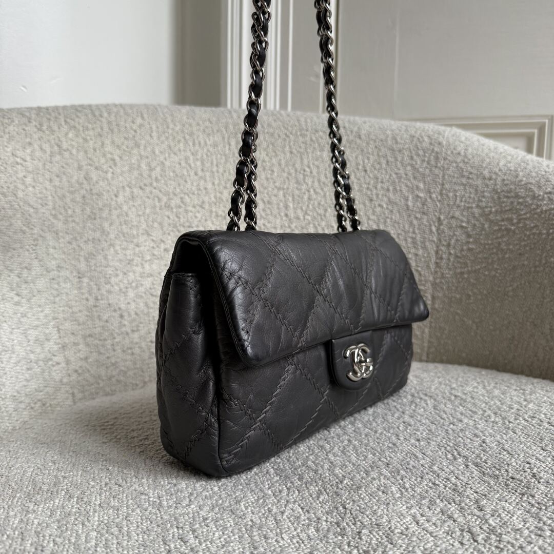 2011 Chanel Wild Stitch Metallic Grey Silver Chain Flap Bag