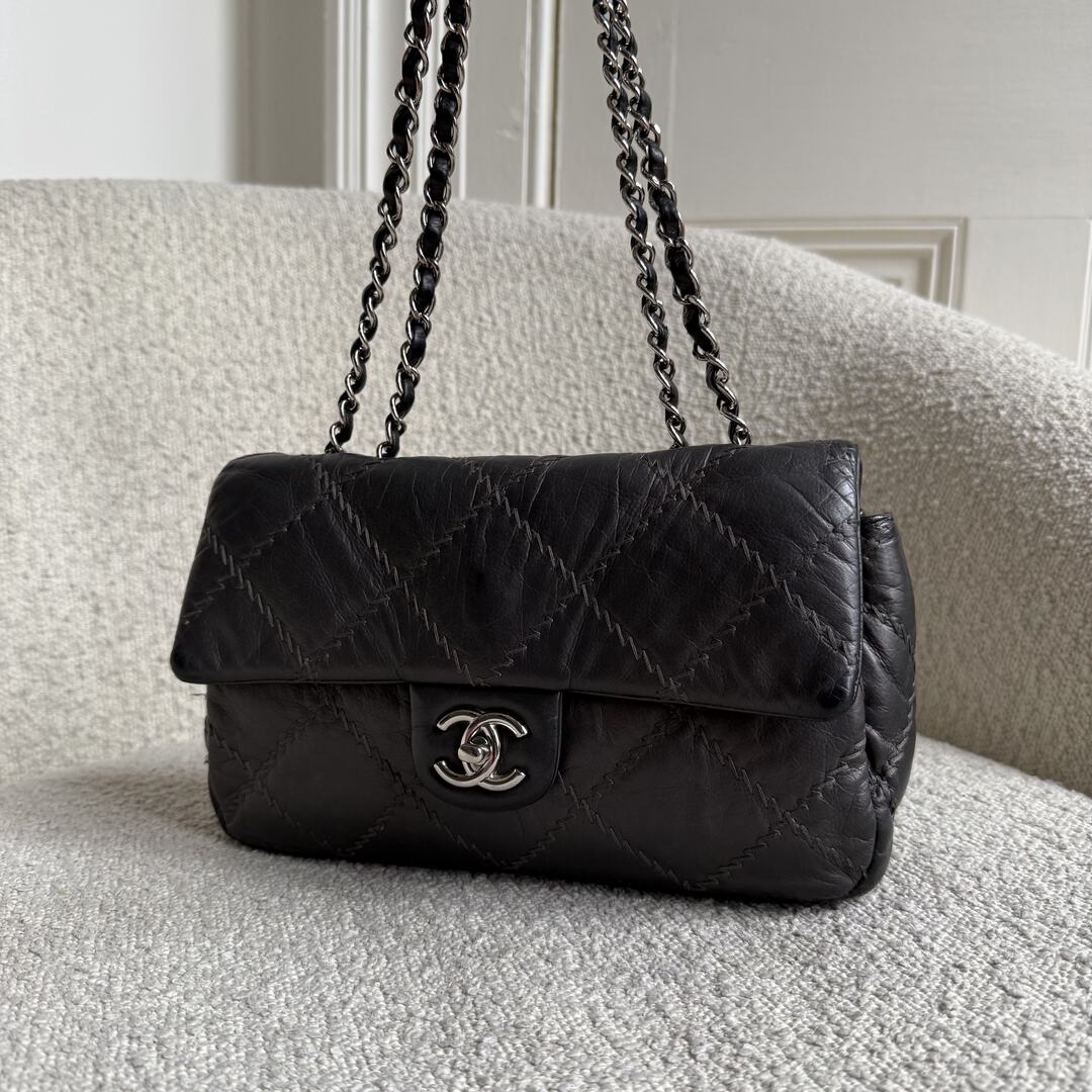 2011 Chanel Wild Stitch Metallic Grey Silver Chain Flap Bag