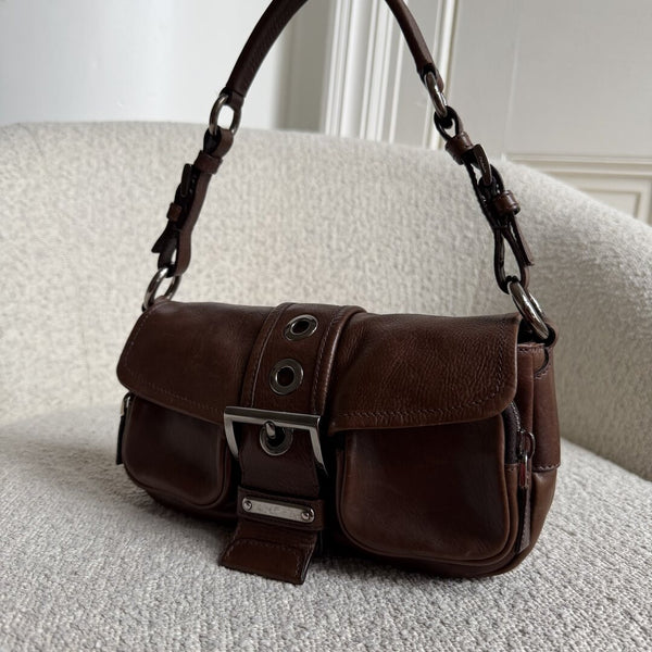 Prada Buckle Leather Brown Shoulder Bag