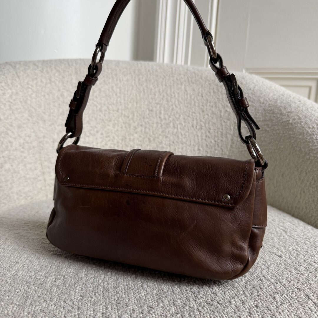 Prada Buckle Leather Brown Shoulder Bag