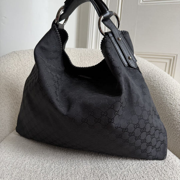 Gucci GG Canvas Horsebit Hobo Black Large Shoulder Bag