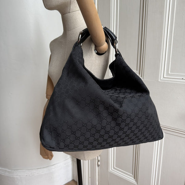 Gucci GG Canvas Horsebit Hobo Black Large Shoulder Bag