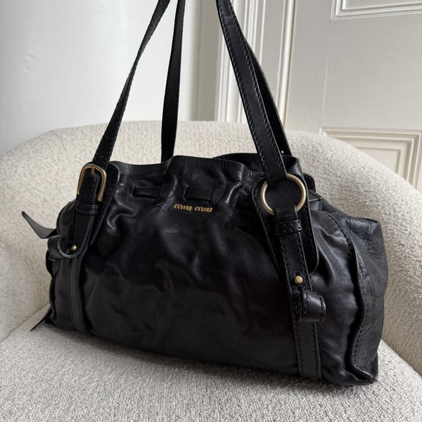 Miu Miu Vitello Black Leather Tote Bag