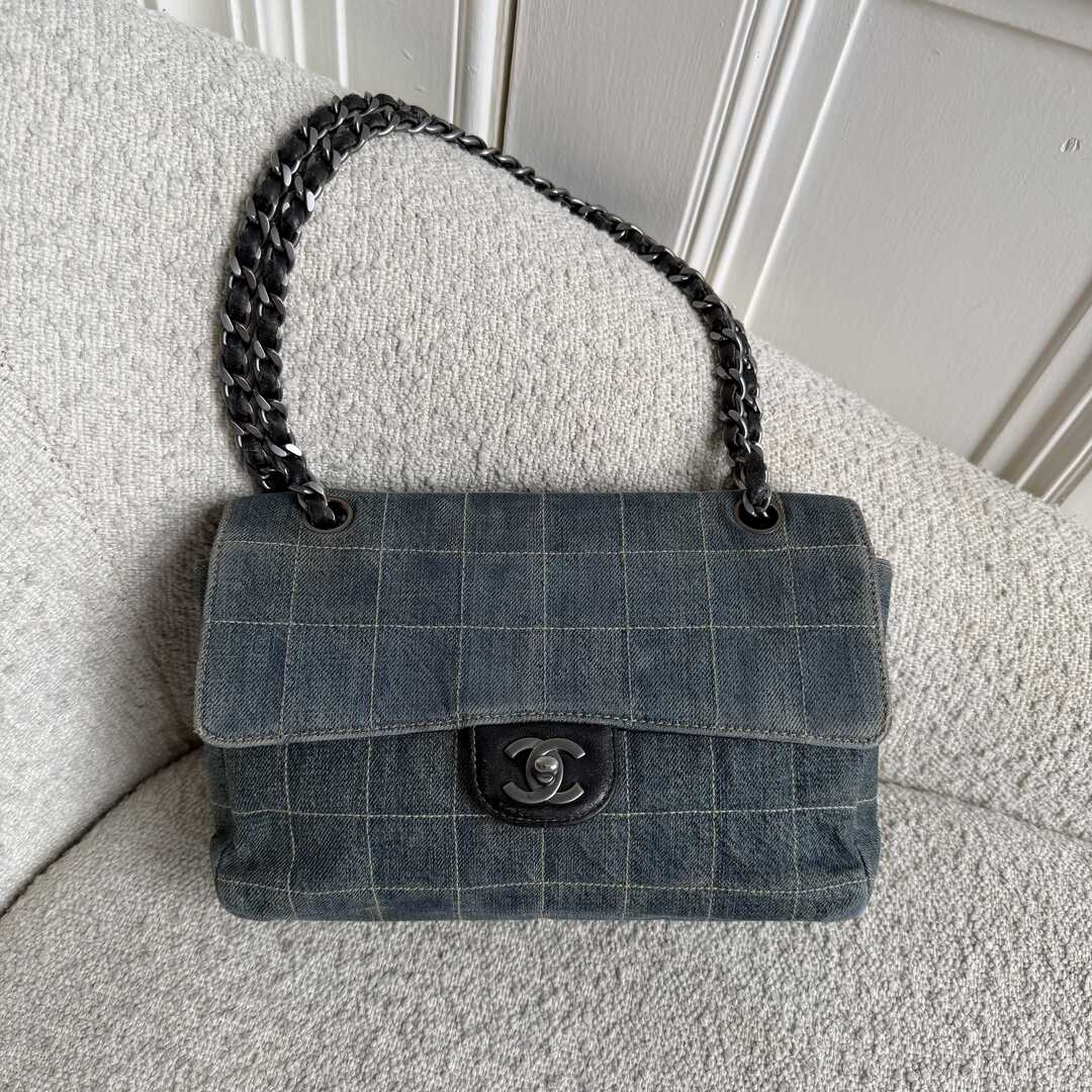2000 Chanel Blue Denim Chocolate Bar Flap Shoulder Bag