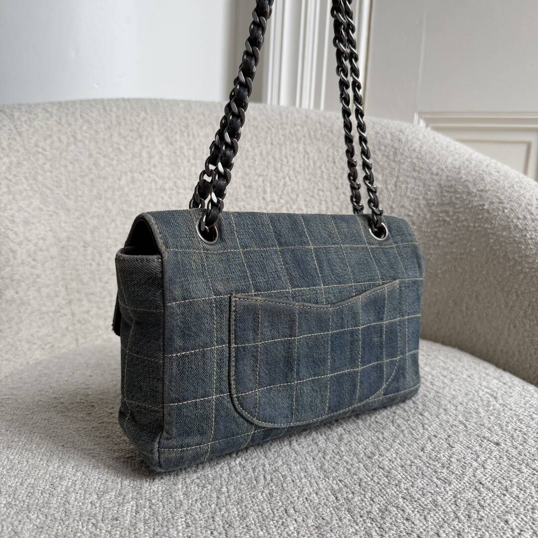 2000 Chanel Blue Denim Chocolate Bar Flap Shoulder Bag