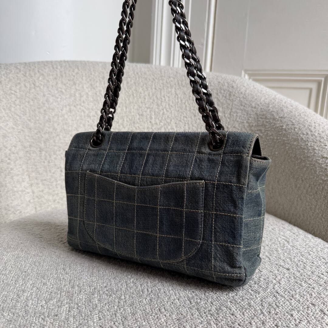 2000 Chanel Blue Denim Chocolate Bar Flap Shoulder Bag