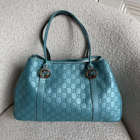 Rare Gucci Guccissima Twins Leather Blue Tote Bag