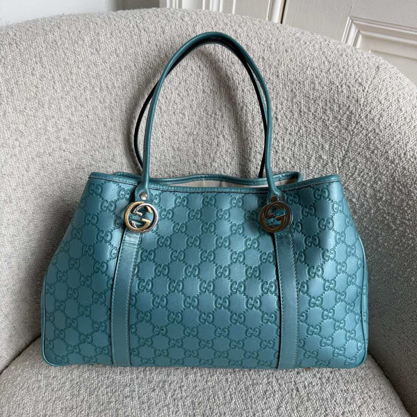 Rare Gucci Guccissima Twins Leather Blue Tote Bag