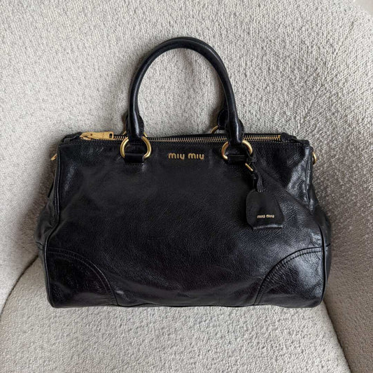 2014 Miu Miu Vitello Shine Black Leather Shoulder Bag