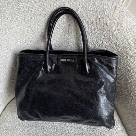 Miu Miu Vitello Shine Black Leather Shoulder Bag