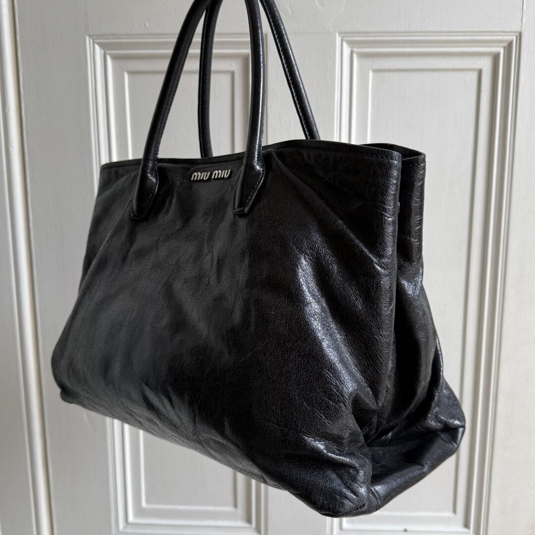 Miu Miu Vitello Shine Black Leather Shoulder Bag