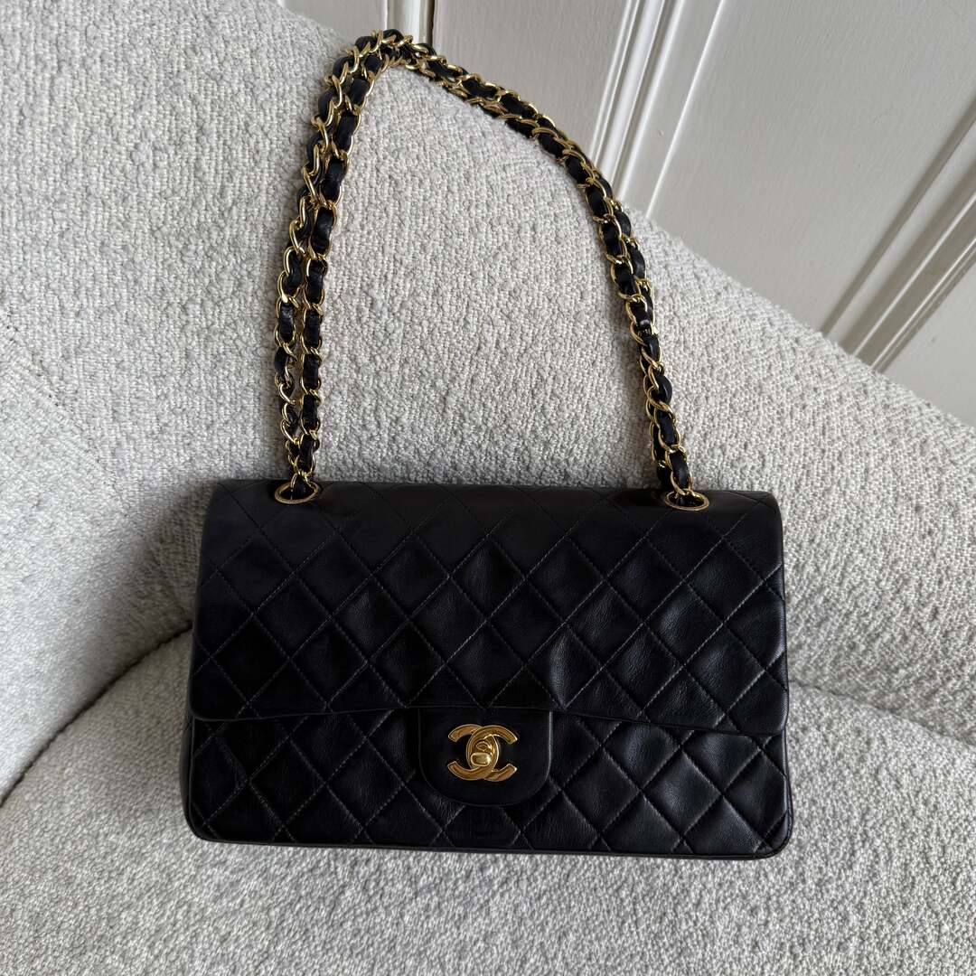 90s Chanel Matelasse Double Flap Chain 24K Gold Black Shoulder Bag