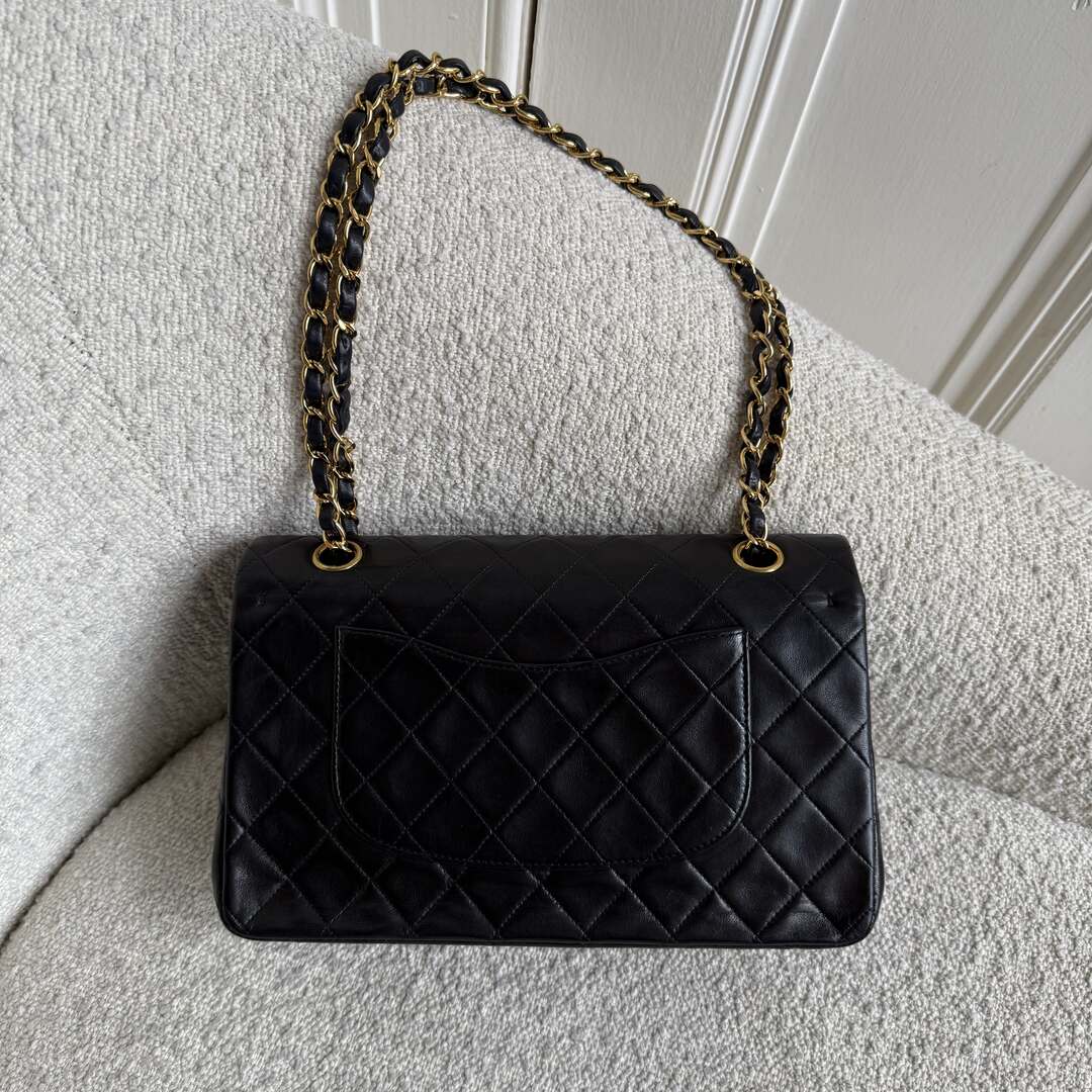 90s Chanel Matelasse Double Flap Chain 24K Gold Black Shoulder Bag