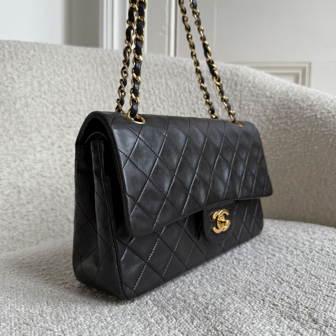 90s Chanel Matelasse Double Flap Chain 24K Gold Black Shoulder Bag