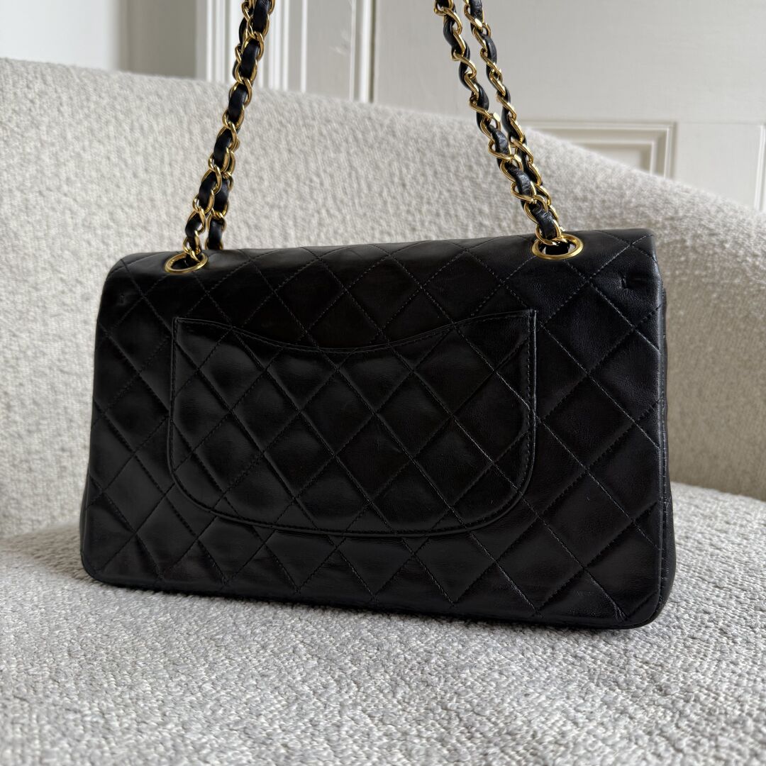 90s Chanel Matelasse Double Flap Chain 24K Gold Black Shoulder Bag