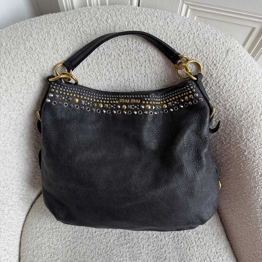 Miu Miu Studded Leather Black Shoulder Bag