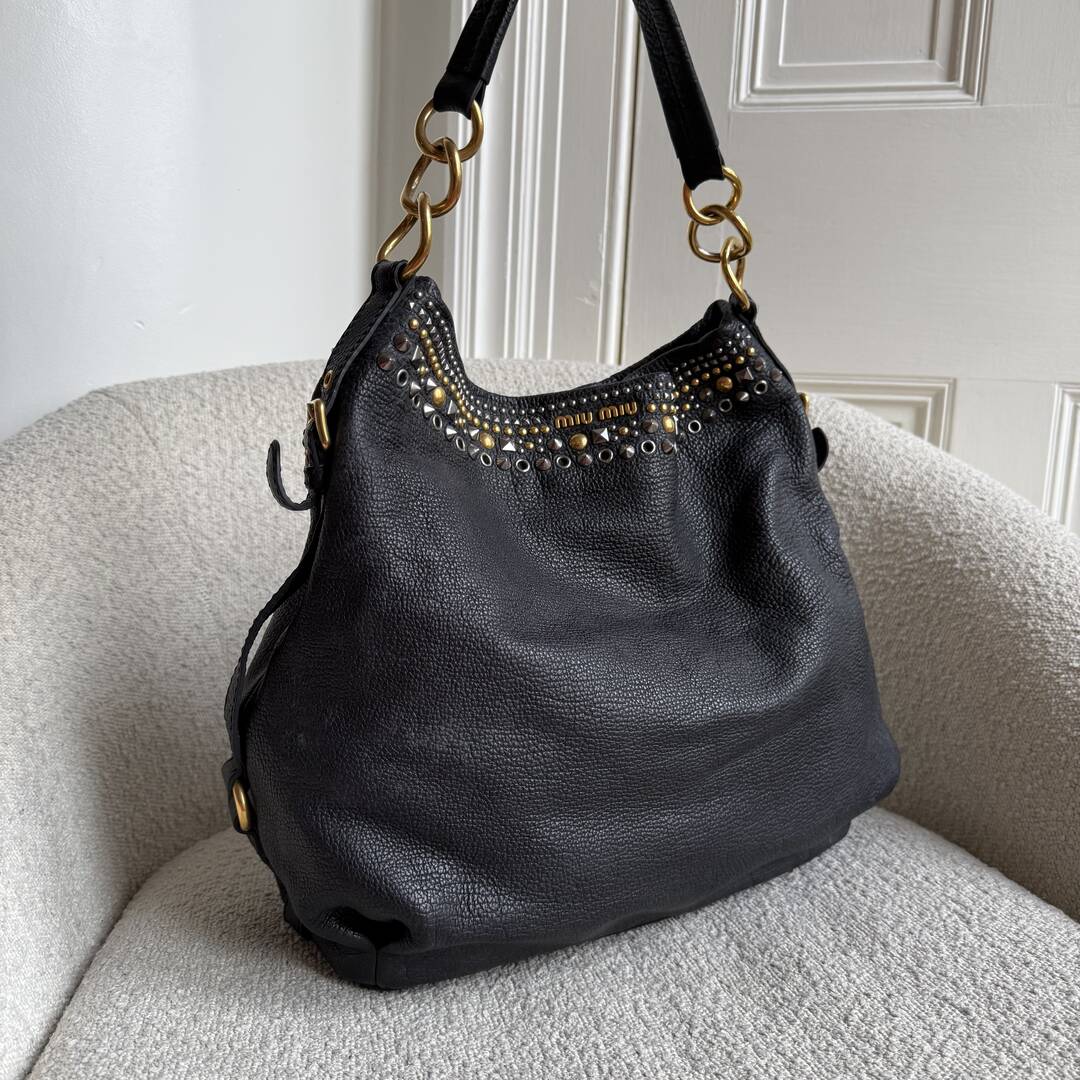 Miu Miu Studded Leather Black Shoulder Bag