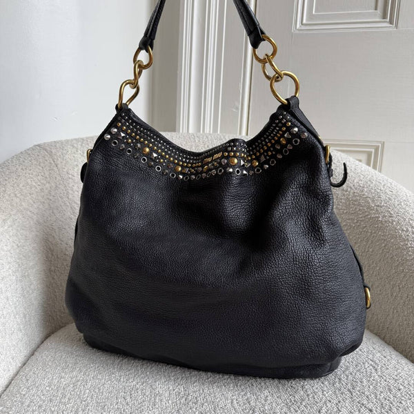 Miu Miu Studded Leather Black Shoulder Bag