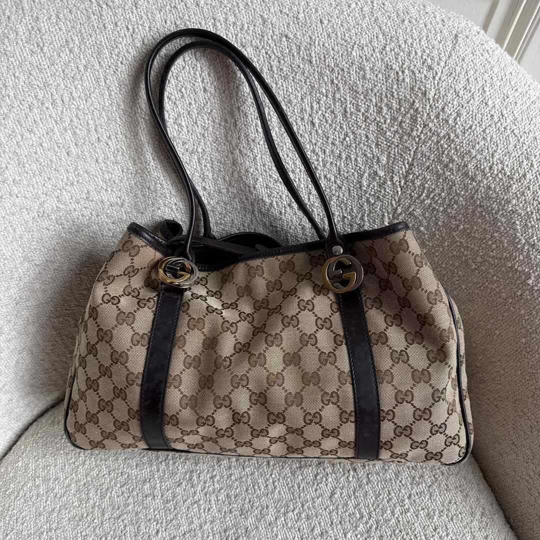 Gucci GG Canvas Twins Black Leather Tote Bag