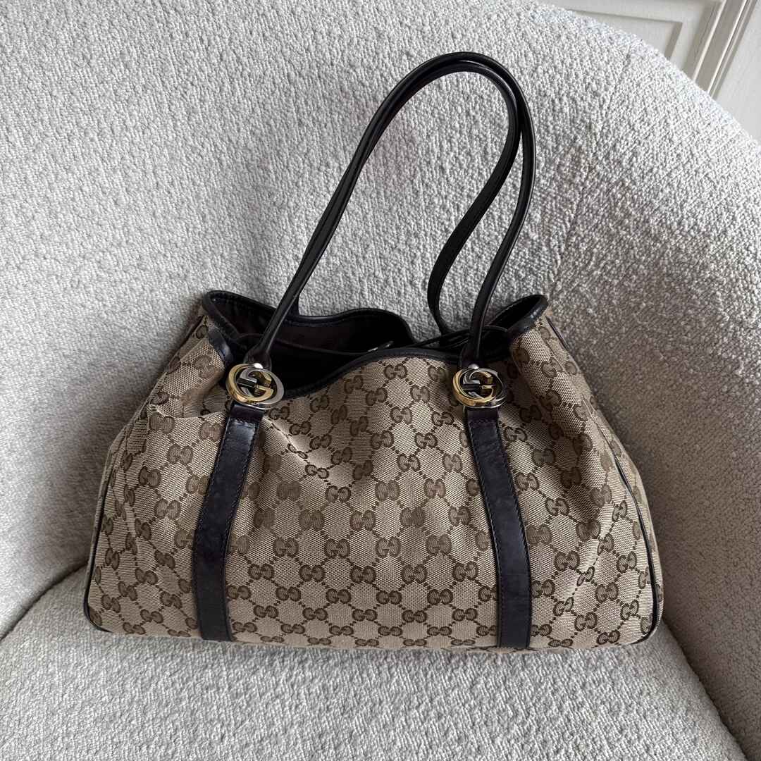Gucci GG Canvas Twins Black Leather Tote Bag