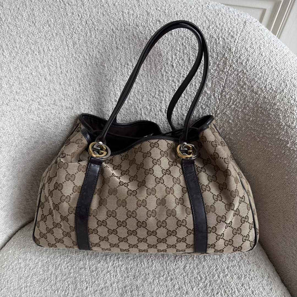 Gucci GG Canvas Twins Black Leather Tote Bag