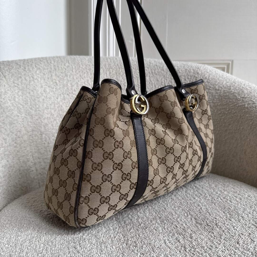 Gucci GG Canvas Twins Black Leather Tote Bag