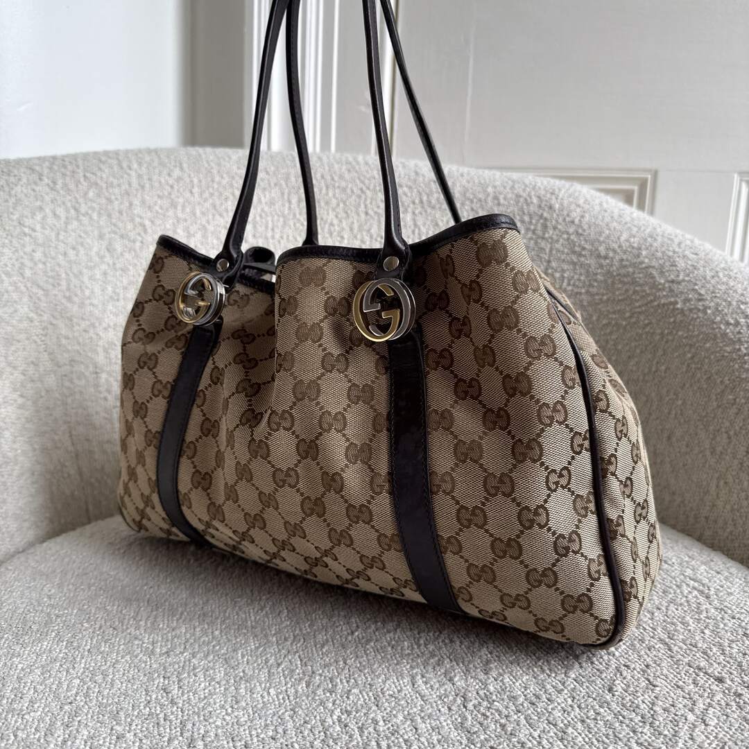 Gucci GG Canvas Twins Black Leather Tote Bag