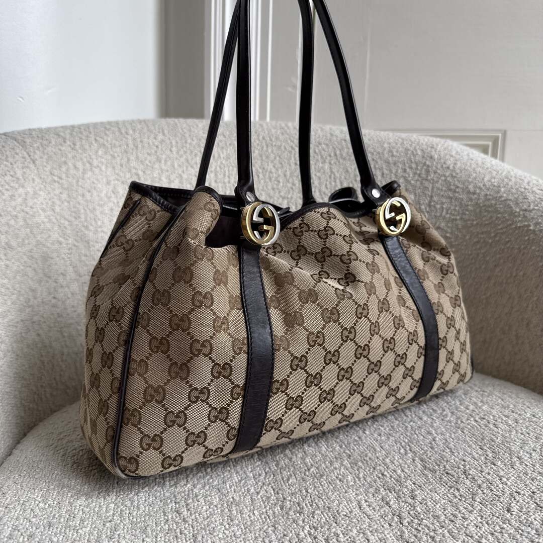 Gucci GG Canvas Twins Black Leather Tote Bag