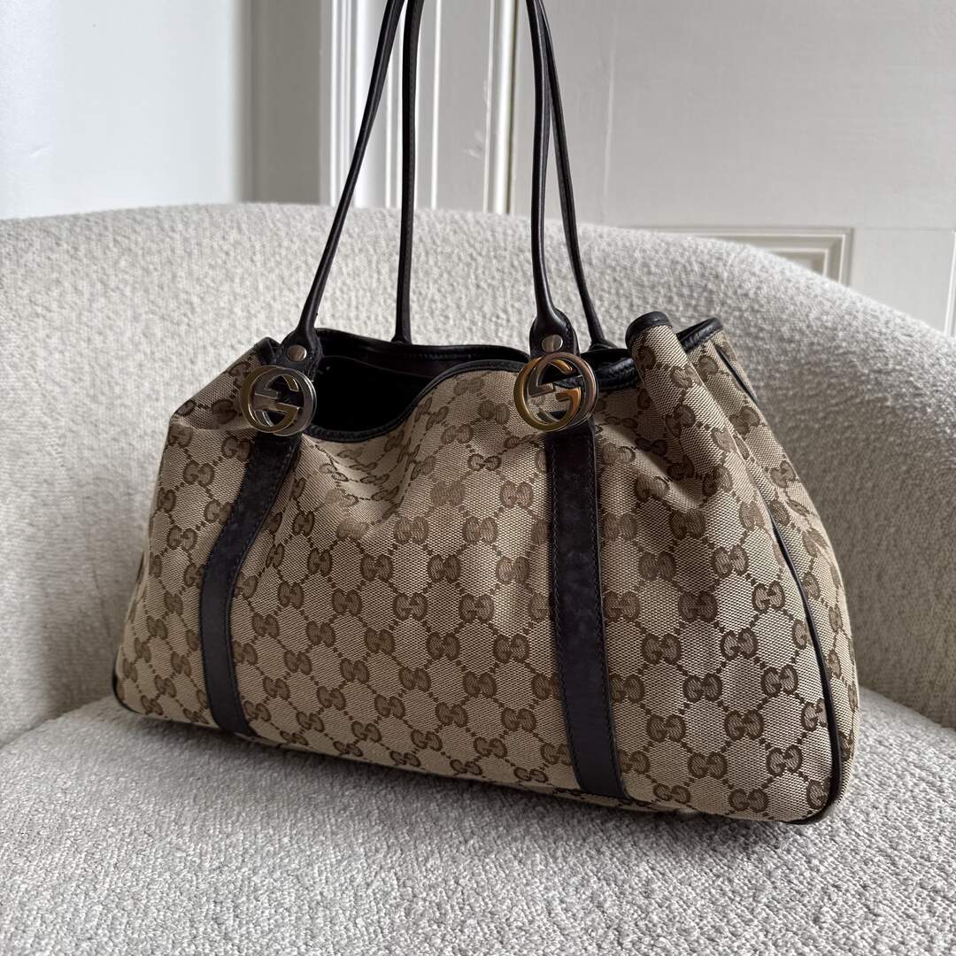 Gucci GG Canvas Twins Black Leather Tote Bag